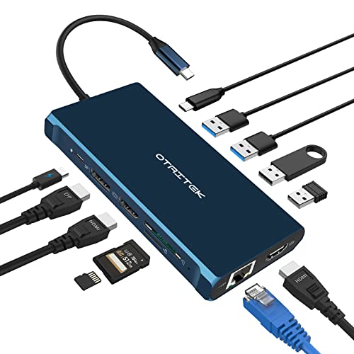 USB-C-Dockingstation, OTAITEK 12-in-1 USB-C-Hub, dreifaches Display mit Dual 4K HDMI, DP, 4 USB, PD, Ethernet, SD/TF, 3,5 mm Audio, Laptop-Dockingstation für MacBook/Dell/Surface/HP von OTAITEK