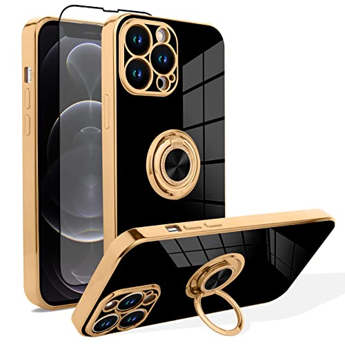 OTOFLYSTY Handyhülle Kompatibel mit iPhone 12 Pro Max Hülle [360°Drehbarer Ring Halter Magnetic Kickstand] Schlanke weiche TPU Abdeckung Luxus 14 Pro Max Schutzhülle für Frauen Männer von OTOFLYSTY