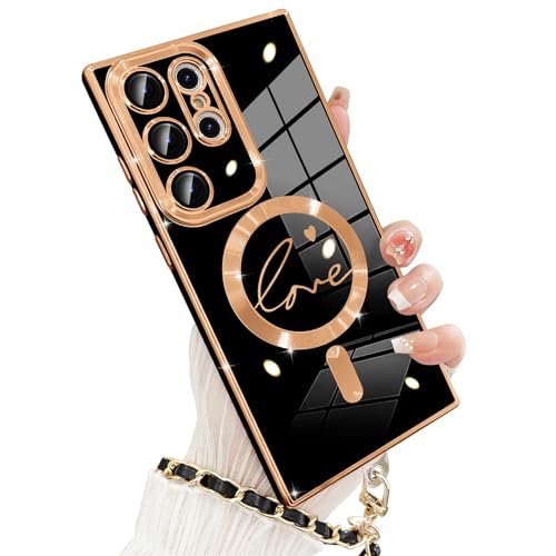 OTOFLYSTY Magnetisch Hülle für Samsung Galaxy S23 Ultra Kompatibel mit Magsafe, Luxuriöse Glitzer Handyhülle mit Love Herz Muster, Kameraschutz Schutzhülle mit Band für Frauen Mädchen,TPU,Schwarz von OTOFLYSTY