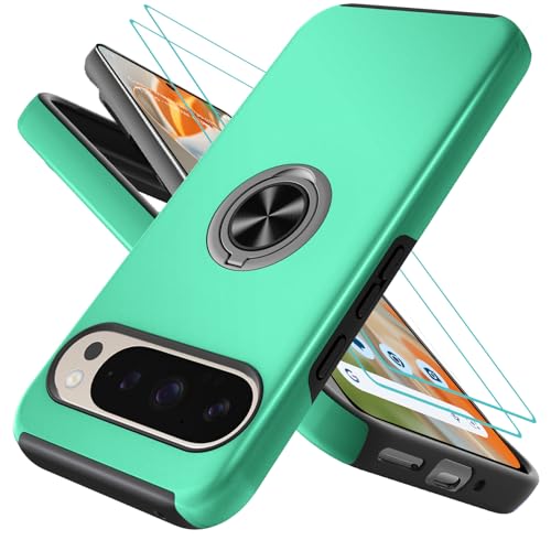 OTOFLYSTY Magnetisch Hülle mit Ständer für Google Pixel 9 Pro XL, Handyhülle Unsichtbarem 360° Metall Ring, Schutz der Kameralinse, Stoßfänge Fallschutz Stoßfest Slim Schutzhülle TPU Grün von OTOFLYSTY