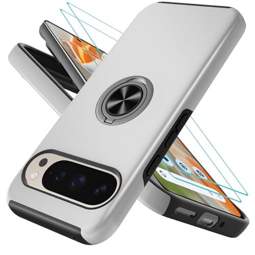 OTOFLYSTY Magnetisch Hülle mit Ständer für Google Pixel 9 Pro XL, Handyhülle Unsichtbarem 360° Metall Ring, Schutz der Kameralinse, Stoßfänge Fallschutz Stoßfest Slim Schutzhülle TPU Silber von OTOFLYSTY