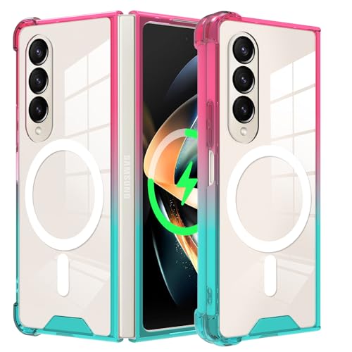 OTOFLYSTY Magnetische Hülle für Samsung Galaxy Z Fold 4 7.6" kompatibel mit Magsafe, Transparent Klapphülle Stoßstange Stoßfeste PC Anti-Rutsch Dünn Handyhülle für Samsung Galaxy Z Fold 4-GrünRosa von OTOFLYSTY