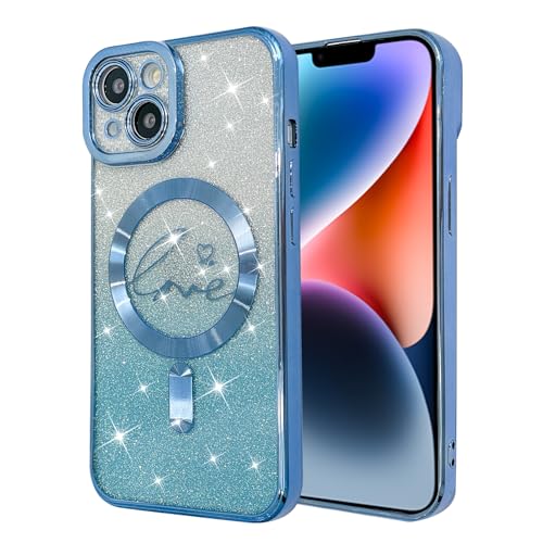 OTOFLYSTY galvanisieren Transparent Glitzer Magnetische Handyhülle [kompatibel mit MagSafe] für iPhone 14 Plus Hülle, Doppelherz-Design Schutzhülle Soft TPU Bumper Schutz der Linsen Case-Blau von OTOFLYSTY