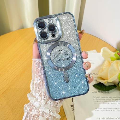 OTOFLYSTY galvanisierenTransparent Glitzer Magnetische Handyhülle [kompatibel mit MagSafe] für iPhone 15 Pro Max Hülle, Doppelherz-Design Schutzhülle Soft TPU Bumper Schutz der Linsen Case-Blau von OTOFLYSTY