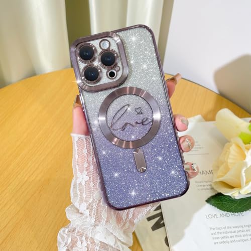 OTOFLYSTY galvanisierenTransparent Glitzer Magnetische Handyhülle [kompatibel mit MagSafe] für iPhone 15 Pro Max Hülle, Doppelherz-Design Schutzhülle Soft TPU Bumper Schutz der Linsen Case-Lila von OTOFLYSTY