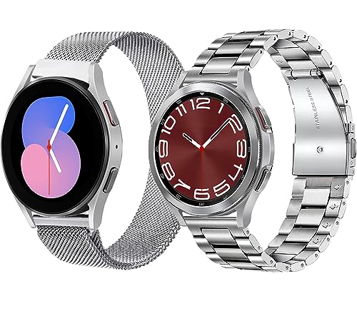 OTOPO Kompatibel Samsung Galaxy Watch 4/6 Classic Armband 47/46/43/42mm,Watch 4/5/6 Armband 40/44mm,Active 2 Armband Metall Frauen Männer, 20mm Metallarmband Edelstahl für Männer 2 Pack Silber von OTOPO