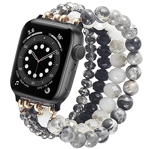 OTOPO Kompatibel mit Apple Watch Armband 41mm/40mm/38mm Series 7/SE/6/5/4/3/2/1 Damen Mode Handgefertigtes Elastisches Stretch Perlenarmband Ersatzband Kompatibel für iWatch Serie (Schwarz/Grau) von OTOPO