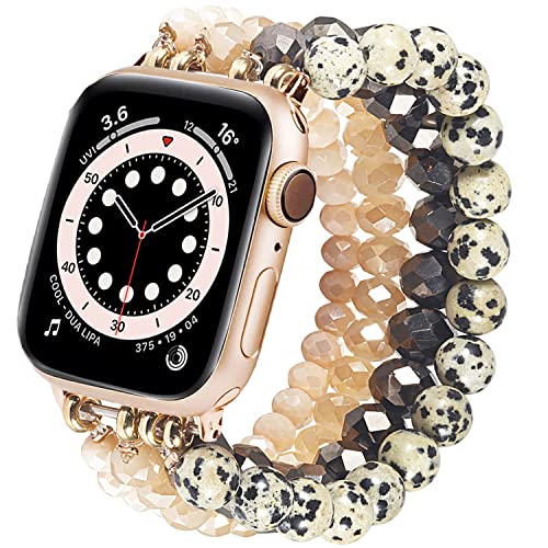 OTOPO Kompatibel mit Apple Watch Armband 41mm/40mm/38mm Series 8/7/SE/6/5/4/3/2/1 Damen Mode Handgefertigtes Elastisches Stretch Perlenarmband Ersatzband Kompatibel für iWatch Serie Dalmatiner Schwarz von OTOPO