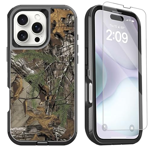 OTTARTAKS Kompatibel mit iPhone 16 Pro Handyhülle mit Displayschutzfolie, 3-lagig, stoßfest, strapazierfähig, Schutzhülle für iPhone 16 Pro, Herren, Jungen, Camouflage von OTTARTAKS