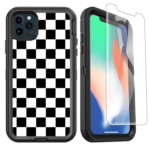 OTTARTAKS Schutzhülle für iPhone 12 Pro Max mit Bildschirmschutz, schwarz-weißes Karomuster, stoßfest, 3-lagig, strapazierfähig, Ganzkörper-Schutzhülle für iPhone 12 Pro Max 6,7 Zoll (17 cm) von OTTARTAKS