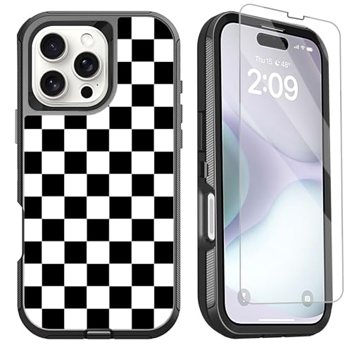 OTTARTAKS Schutzhülle für iPhone 16 Pro, kompatibel mit Displayschutzfolie, schwarz-weiß, kariertes Design, stoßfest, 3-lagig, strapazierfähig, Ganzkörper-Schutzhülle für iPhone 16 Pro 6,3 Zoll (16 cm OTTARTAKS Schutzhülle für iPhone 16 Pro, kompatibel mit Displayschutzfolie, schwarz-weiß, kariertes Design, stoßfest, 3-lagig, strapazierfähig, Ganzkörper-Schutzhülle für iPhone 16 Pro 6,3 Zoll (16 cm von OTTARTAKS