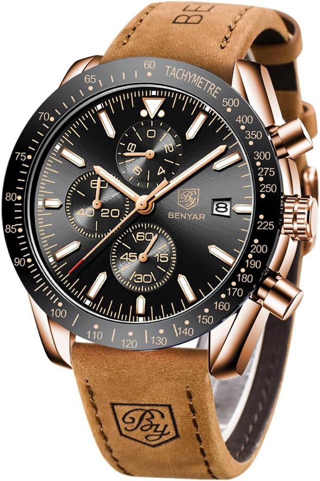 BY BENYAR Herren Business Analoger Chronograph Quarzuhr 30M Wasserdicht Watch, Datumsanzeige Modische Freizeituhr Sport Multifunktions Lederuhr von BY BENYAR