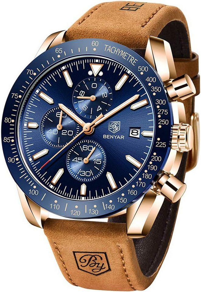 BY BENYAR Herren Business Analoger Chronograph Quarzuhr 30M Wasserdicht Watch, Datumsanzeige Modische Freizeituhr Sport Multifunktions Lederuhr von BY BENYAR