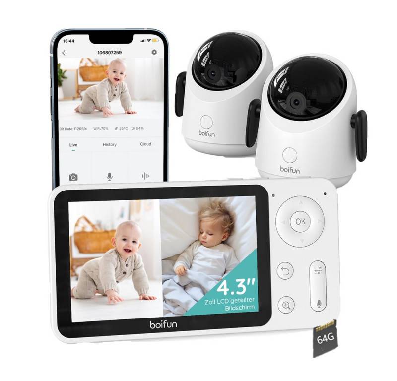 Boifun Babyphone WLAN Babyphone mit Kamera 4,3 Zoll Video Babyfon mit App mit TF Karte, 2MP 2500mah Akku Videoaufzeichnung 4xDigitalzoom Zwei-Wege-Audio IR Nachtsicht, Unterstützt Mehrere Schlaflieder zum Aufrufen mit einem Klick von Boifun