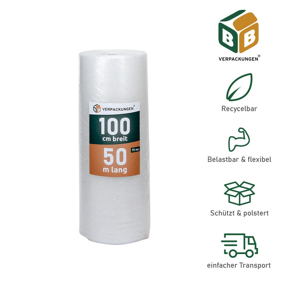 BB-Verpackungen Schutzfolie Luftpolsterfolie, (1-St), 3-lagig, 1,0 x 50 m, 75my von BB-Verpackungen