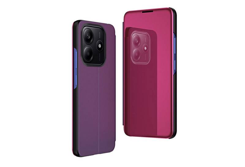 Wigento Handyhülle Für Xiaomi Redmi Note 14 5G View Spiegel Wake Funktion Hülle Magenta, Elektroplattiertes Spiegel-Design, horizontaler Klappständer von Wigento
