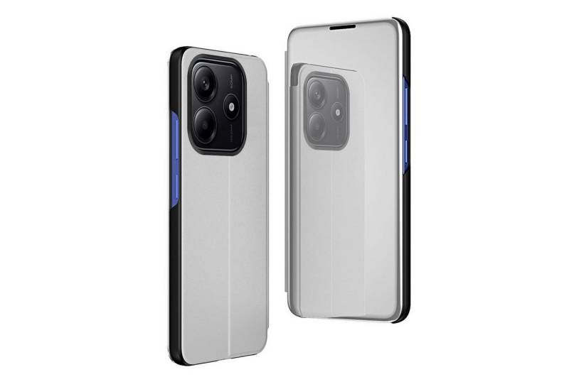 Wigento Handyhülle Für Xiaomi Redmi Note 14 5G View Spiegel Wake UP Funktion Hülle Silber, Elektroplattiertes Spiegel-Design, horizontaler Klappständer von Wigento