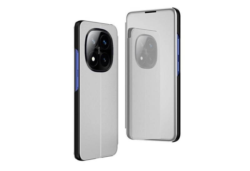 Wigento Handyhülle Für Xiaomi Redmi Note 14 Pro Plus 5G View Spiegel Wake UP Hülle Silber, Elektroplattiertes Spiegel-Design, horizontaler Klappständer von Wigento