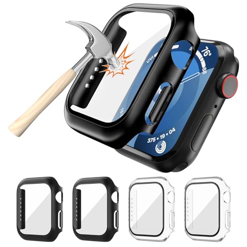 4 Stück Schutzhülle für Apple Watch 9/8/7 41mm Displayschutz, Hart-PC Schutz Hülle mit Gehärtetem Glas Kompatibel mit Apple Watch Series 9 Series 8 Series 7 (2 Schwarz & 2 Transparent) von OU-BAND