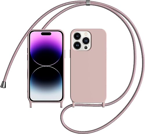 OUBELI Handykette Hülle für iPhone 16 Pro mit Band Liquid Silikon Schutzhülle Stoßfeste und Fallsichere Abnehmbar Einstellbar Necklace zum Umhängen Handy（Rosa） von OUBELI