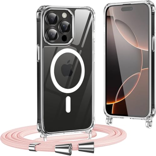 OUBELI Handykette für iPhone 16 Pro Max Ultra Dünn Transparent Handyhülle Abnehmbar Einstellbar Necklace Kompatibel MagSafe Stoßfeste und Fallsichere Schutzhülle（Roségold） von OUBELI