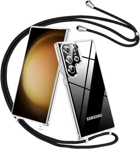 OUBELI Handykette kompatibel mit Samsung Galaxy S24 Ultra Hülle,Transparente Handyhülle mit verstellbarem Seil Weiches TPU und PC stoßfestes Schutzhülle, schwarz Seil von OUBELI