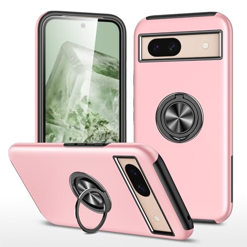 OUBELI Hülle für Google Pixel 8a Handyhülle mit 360 Grad Ring Magnetische Ständer Weich TPU Silikon Rahmen und PC Anti Kratzer und Stoßschutz Schutzhülle (Roségold) von OUBELI