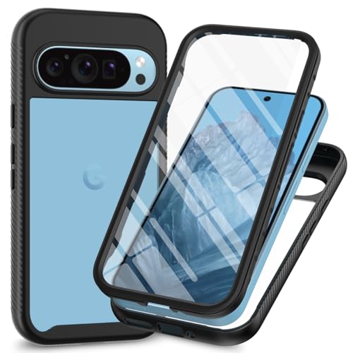 OUBELI Hülle für Google Pixel 9/Google Pixel 9 Pro Handyhülle mit Displayschutz 360° Grad vollschutz Stoßfest Handyhülle Transparent Silikon Bumper Cover -schwarz von OUBELI