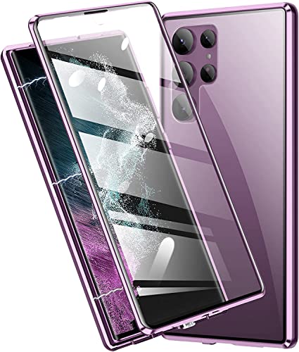 OUBELI Hülle für Samsung Galaxy S23 Ultra 5G, Magnetische Adsorption Handyhülle 360 Grad Beidseitig Schutz transparent Handyhülle, Vorne hinten Gehärtetes Glas Schutzhülle Metallrahmen Case, lila von OUBELI