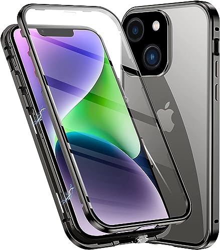 OUBELI Hülle für iPhone 14, Magnetische Adsorption Handyhülle 360 Grad Beidseitig Schutz transparent Handyhülle, Vorne hinten Gehärtetes Glas Schutzhülle Metallrahmen Case, schwarz von OUBELI