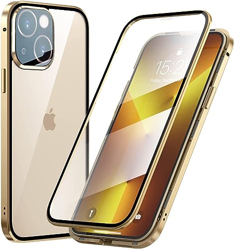 OUBELI Hülle für iPhone 14 Plus, Magnetische Adsorption Handyhülle 360 Grad Beidseitig Schutz transparent Handyhülle, Vorne hinten Gehärtetes Glas Schutzhülle Metallrahmen Case, Golden von OUBELI