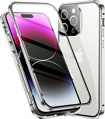 OUBELI Hülle für iPhone 14 Pro Max, Magnetische Adsorption Handyhülle 360 Grad Beidseitig Schutz transparent Handyhülle, Vorne hinten Gehärtetes Glas Schutzhülle Metallrahmen Case, silbrig von OUBELI