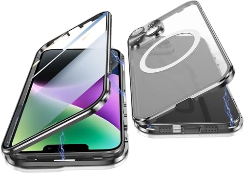 OUBELI Hülle für iPhone 15 Handyhülle Kompatibel mit Magsafe Magnetische Adsorption Metallrahmen Case Transparentes gehärtetes Glas 360°-Schutz Cover (Schwarz) von OUBELI