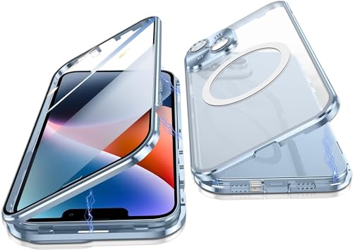 OUBELI Hülle für iPhone 15 Handyhülle Kompatibel mit Magsafe Magnetische Adsorption Metallrahmen Case Transparentes gehärtetes Glas 360°-Schutz Cover (blau) von OUBELI