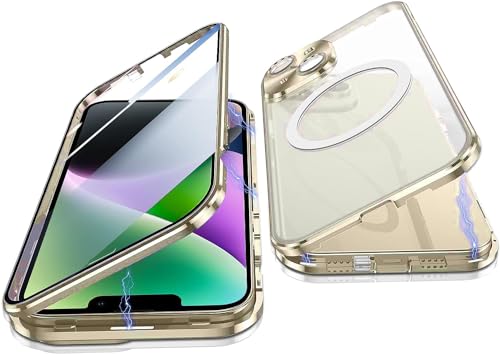 OUBELI Hülle für iPhone 15 Handyhülle Kompatibel mit Magsafe Magnetische Adsorption Metallrahmen Case Transparentes gehärtetes Glas 360°-Schutz Cover (golden) von OUBELI
