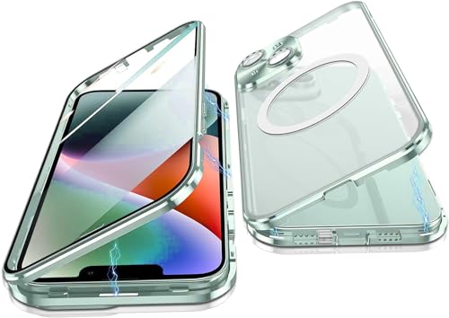 OUBELI Hülle für iPhone 15 Handyhülle Kompatibel mit Magsafe Magnetische Adsorption Metallrahmen Case Transparentes gehärtetes Glas 360°-Schutz Cover (grün) von OUBELI