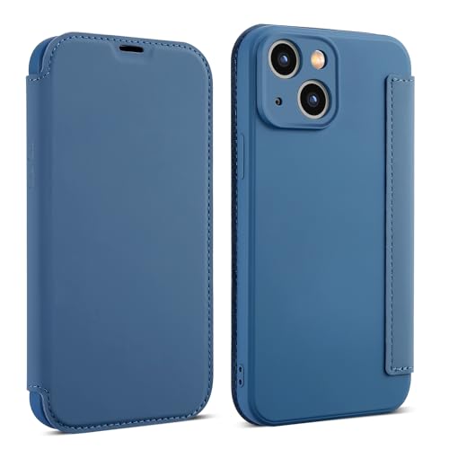 OUBELI Hülle für iPhone 15 Handyhülle Premium PU Leder Flip Klapphülle Tasche Case Flüssige Silicone Case [Standfunktion] [Kartenfächern] Schutzhülle (blau) von OUBELI