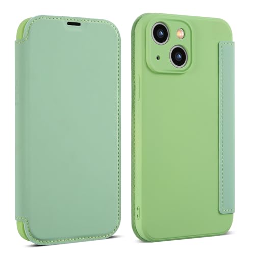 OUBELI Hülle für iPhone 15 Handyhülle Premium PU Leder Flip Klapphülle Tasche Case Flüssige Silicone Case [Standfunktion] [Kartenfächern] Schutzhülle (grün) von OUBELI