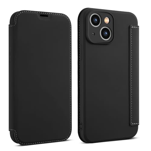 OUBELI Hülle für iPhone 15 Handyhülle Premium PU Leder Flip Klapphülle Tasche Case Flüssige Silicone Case [Standfunktion] [Kartenfächern] Schutzhülle (schwarz) von OUBELI