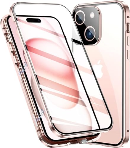 OUBELI Hülle für iPhone 15 Magnetische Adsorption Handyhülle 360 Grad Beidseitig Schutz transparent Handyhülle Vorne hinten Gehärtetes Glas Schutzhülle Metallrahmen Case. Rosa von OUBELI