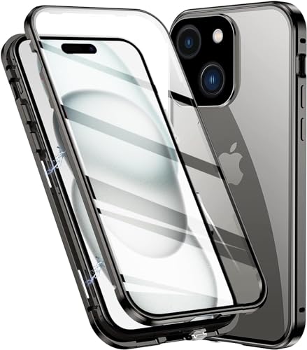 OUBELI Hülle für iPhone 15 Magnetische Adsorption Handyhülle 360 Grad Beidseitig Schutz transparent Handyhülle Vorne hinten Gehärtetes Glas Schutzhülle Metallrahmen Case. schwarz von OUBELI