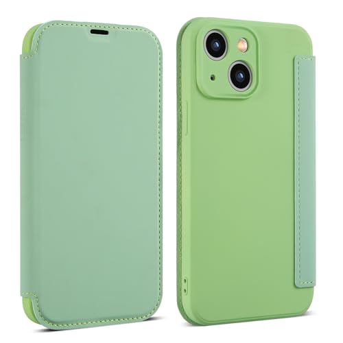 OUBELI Hülle für iPhone 15 Plus Handyhülle Premium PU Leder Flip Klapphülle Tasche Case Flüssige Silicone Case [Standfunktion] [Kartenfächern] Schutzhülle (grün) von OUBELI