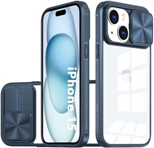 OUBELI Hülle für iPhone 15 Plus Kamera Schutz mit Schieber Case, Weich TPU Silikon Rahmen+ transparent Hard PC Hybrid Case, Nie Vergilbung Anti Kratzer und Stoßschutz Handyhülle, blau. von OUBELI