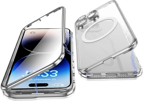 OUBELI Hülle für iPhone 15 Pro Handyhülle Kompatibel mit Magsafe Magnetische Adsorption Metallrahmen Case Transparentes gehärtetes Glas 360°-Schutz Cover (silbrig) von OUBELI