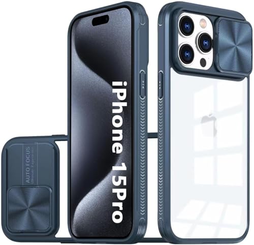 OUBELI Hülle für iPhone 15 Pro Kamera Schutz mit Schieber Case, Weich TPU Silikon Rahmen+ transparent Hard PC Hybrid Case, Nie Vergilbung Anti Kratzer und Stoßschutz Handyhülle, blau. von OUBELI