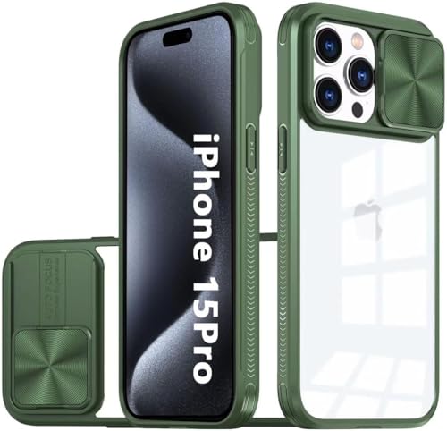 OUBELI Hülle für iPhone 15 Pro Kamera Schutz mit Schieber Case, Weich TPU Silikon Rahmen+ transparent Hard PC Hybrid Case, Nie Vergilbung Anti Kratzer und Stoßschutz Handyhülle, grün von OUBELI