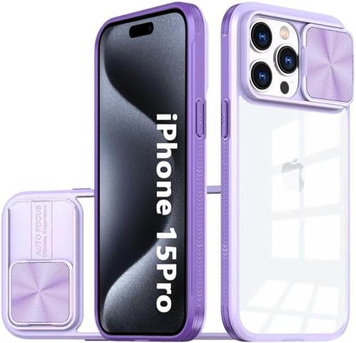 OUBELI Hülle für iPhone 15 Pro Kamera Schutz mit Schieber Case, Weich TPU Silikon Rahmen+ transparent Hard PC Hybrid Case, Nie Vergilbung Anti Kratzer und Stoßschutz Handyhülle, lila. von OUBELI