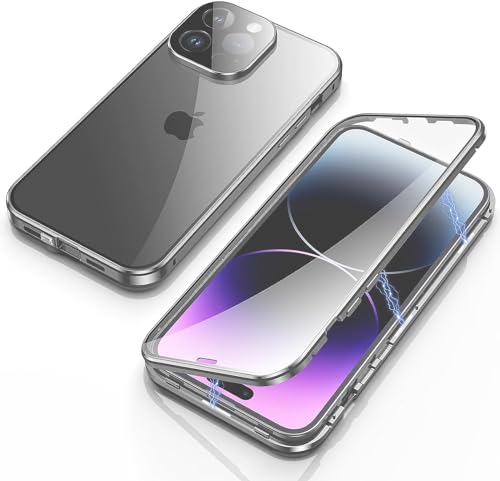 OUBELI Hülle für iPhone 15 Pro Magnetische Adsorption Handyhülle 360 Grad Beidseitig Schutz transparent Handyhülle Vorne hinten Gehärtetes Glas Schutzhülle Metallrahmen Case. grau von OUBELI