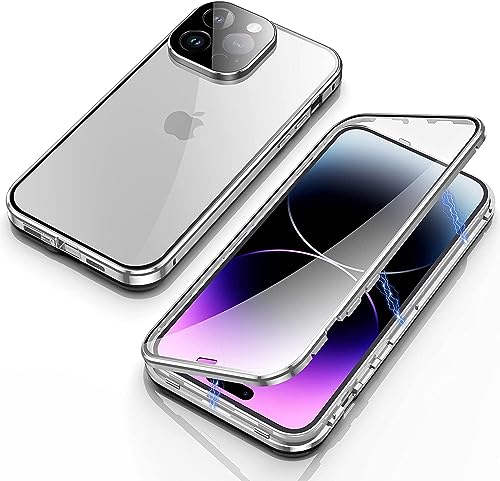 OUBELI Hülle für iPhone 15 Pro Magnetische Adsorption Handyhülle 360 Grad Beidseitig Schutz transparent Handyhülle Vorne hinten Gehärtetes Glas Schutzhülle Metallrahmen Case. silbrig von OUBELI