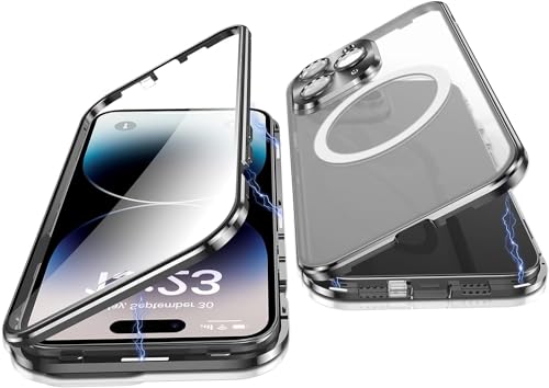 OUBELI Hülle für iPhone 15 Pro Max Handyhülle Kompatibel mit Magsafe Magnetische Adsorption Metallrahmen Case Transparentes gehärtetes Glas 360°-Schutz Cover (Schwarz) von OUBELI
